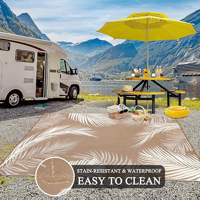 Pauwer Waterproof Outdoor Rug 9x12, Reversible Plastic Straw Patio Camping Rug, Indoor Outdoor RV Mat Carpet for Deck, Camper, Porch, Balcony, Backyard, Picnic, Leaf Brown