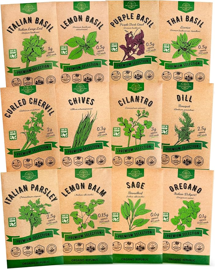 Organo Republic 12 Culinary Herbs Seeds Variety Pack - 7,355+ Heirloom, Non-GMO, Herbs Seeds for Outdoor and Indoor Home Gardening, Including Basil, Cilantro, Chives, Dill, Parsley, Sage