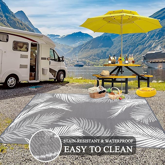 Pauwer Waterproof Outdoor Rug 8x10, Reversible Plastic Straw Patio Camping Rug, Indoor Outdoor RV Mat Carpet for Deck, Camper, Porch, Balcony, Backyard, Picnic, Leaf Grey