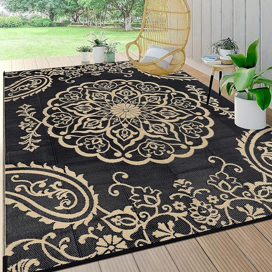 Pauwer Waterproof Outdoor Rug 6x9, Reversible Plastic Straw Patio Camping Rug, Indoor Outdoor RV Mat Carpet for Deck, Camper, Porch, Balcony, Backyard, Picnic, Boho Black Brown