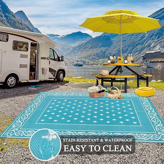 Pauwer Waterproof Outdoor Rug 6x9, Reversible Plastic Straw Patio Camping Rug, Indoor Outdoor RV Mat Carpet for Deck, Camper, Porch, Balcony, Backyard, Picnic, Bordered Teal