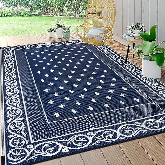 Pauwer Waterproof Outdoor Rug 8x10, Reversible Plastic Straw Patio Camping Rug, Indoor Outdoor RV Mat Carpet for Deck, Camper, Porch, Balcony, Backyard, Picnic, Bordered Navy