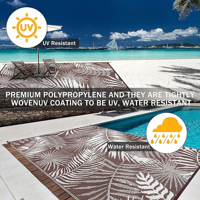 Outdoor Rug Waterproof for Patios Clearance, Reversible Outdoor Plastic Straw Rug Camping Carpet, Outside Floor Mats Large Area Rugs for RV,Patio,Deck,Porch,Beach,Balcony,10'x8',Brown&White