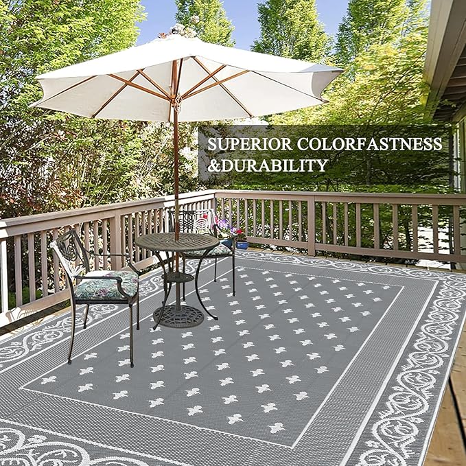 Pauwer Waterproof Outdoor Rug 8x10, Reversible Plastic Straw Patio Camping Rug, Indoor Outdoor RV Mat Carpet for Deck, Camper, Porch, Balcony, Backyard, Picnic, Bordered Grey