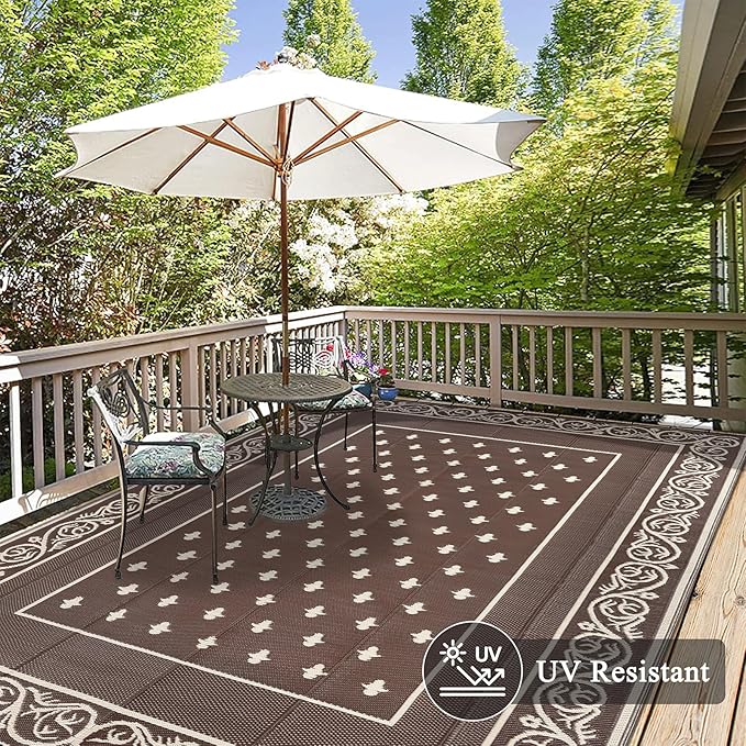 Pauwer Waterproof Outdoor Rug 10x14, Reversible Plastic Straw Patio Camping Rug, Indoor Outdoor RV Mat Carpet for Deck, Camper, Porch, Balcony, Backyard, Picnic, Bordered Brown