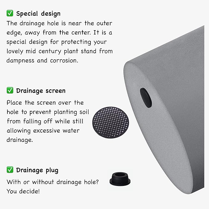 FaithLand Plant Pot 10 inch - Perfectly Fits Mid-Century Modern Plant Stand - Drainage Plug and Drainage Mesh Screen - Gray Planter Pot