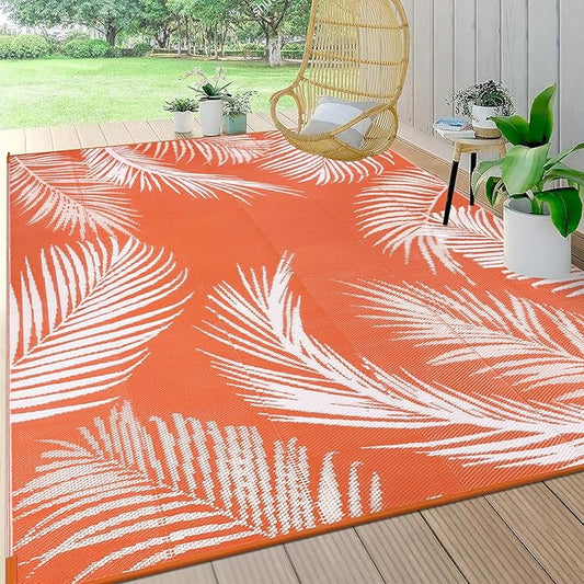 Pauwer Waterproof Outdoor Rug 8x10, Reversible Plastic Straw Patio Camping Rug, Indoor Outdoor RV Mat Carpet for Deck, Camper, Porch, Balcony, Backyard, Picnic, Leaf Orange