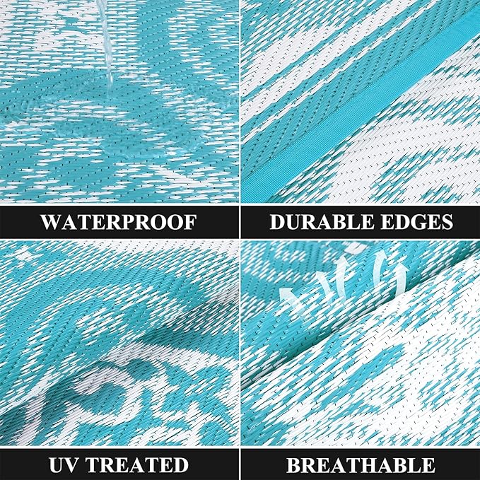 Pauwer Waterproof Outdoor Rug 9x12, Reversible Plastic Straw Patio Camping Rug, Indoor Outdoor RV Mat Carpet for Deck, Camper, Porch, Balcony, Backyard, Picnic, Clover Teal