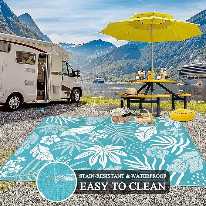 Pauwer Waterproof Outdoor Rug 9x12, Reversible Plastic Straw Patio Camping Rug, Indoor Outdoor RV Mat Carpet for Deck, Camper, Porch, Balcony, Backyard, Picnic, Floral Teal