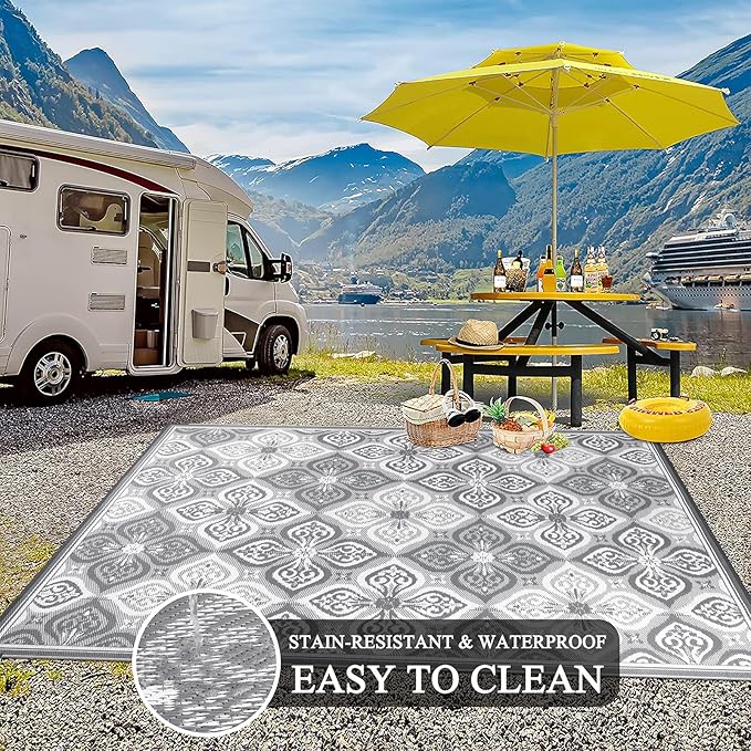 Pauwer Waterproof Outdoor Rug 9x12, Reversible Plastic Straw Patio Camping Rug, Indoor Outdoor RV Mat Carpet for Deck, Camper, Porch, Balcony, Backyard, Picnic, Clover Grey