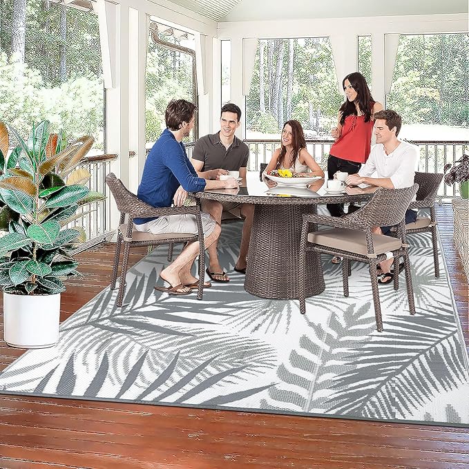 Outdoor Rug 10'x8' Waterproof for Patios Clearance, Reversible Outdoor Plastic Straw Rug Camping Carpet, Outside Floor Mats Large Area Rugs for RV,Patio,Deck,Porch,Beach,Balcony,Grey&White