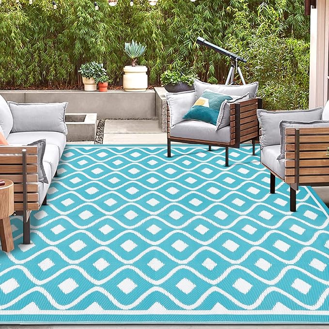 Pauwer Waterproof Outdoor Rug 9x12, Reversible Plastic Straw Patio Camping Rug, Indoor Outdoor RV Mat Carpet for Deck, Camper, Porch, Balcony, Backyard, Picnic, Geometric Teal