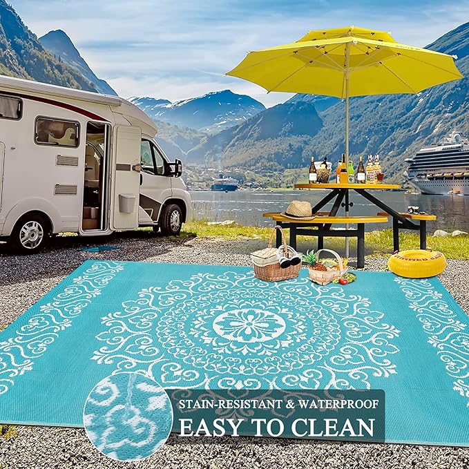 Pauwer Waterproof Outdoor Rug 9x12, Reversible Plastic Straw Patio Camping Rug, Indoor Outdoor RV Mat Carpet for Deck, Camper, Porch, Balcony, Backyard, Picnic, Floral Teal