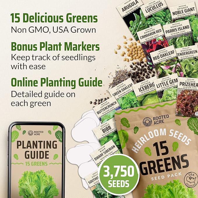 Rooted Acre 15 Lettuce & Green Seeds Pack | Non-GMO Heirloom Seeds | Garden Salad Greens Seeds | Hydroponic Vegetable Seeds for Planting Indoor | Romaine, Kale, Spinach, Arugula, & Butter Lettuce Seed