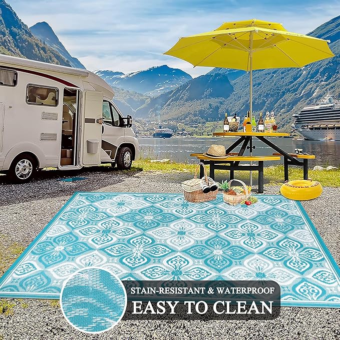 Pauwer Waterproof Outdoor Rug 8x10, Reversible Plastic Straw Patio Camping Rug, Indoor Outdoor RV Mat Carpet for Deck, Camper, Porch, Balcony, Backyard, Picnic, Clover Teal