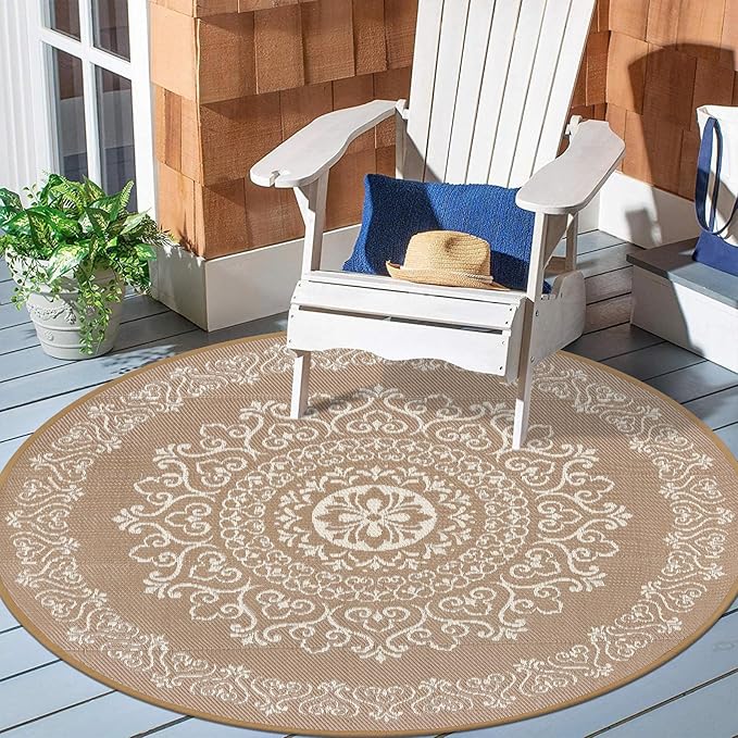 Pauwer Waterproof Outdoor Rug 6ft, Reversible Plastic Straw Patio Camping Rug, Indoor Outdoor RV Mat Carpet for Deck, Camper, Porch, Balcony, Backyard, Picnic, Floral Brown
