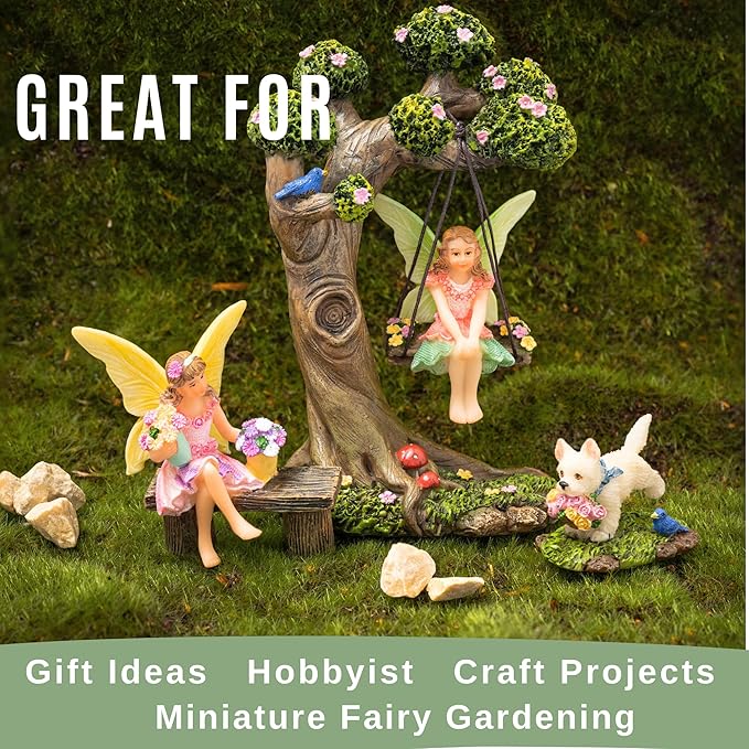 Fairy Garden Accessories Outdoor - Fairy Garden Kit with Fairies for Fairy Garden - Miniatures for an Outdoor Garden, a Fairy Tree Swing, Figurines & Puppy
