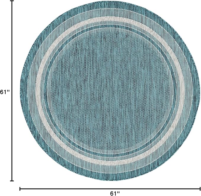 Unique Loom Outdoor Border Collection Area Rug - Soft Border (5' 1" Round, Teal/ Ivory)