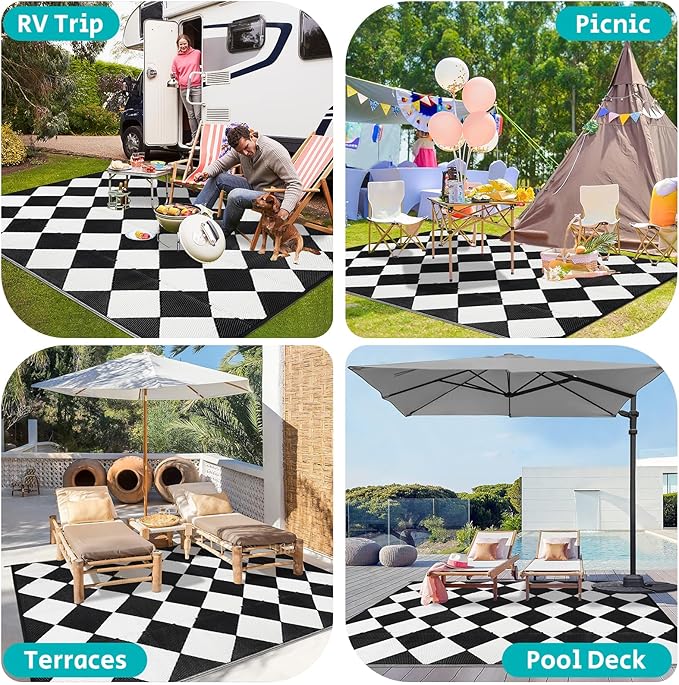 HEBE Outdoor Rug Waterproof 9x12, Reversible Plastic Straw Rug RV Camping Rug, Indoor Outdoor Patio Mat Clearance, Outside Carpet for Porch,Deck,Camper,Balcony,Backyard,Picnic