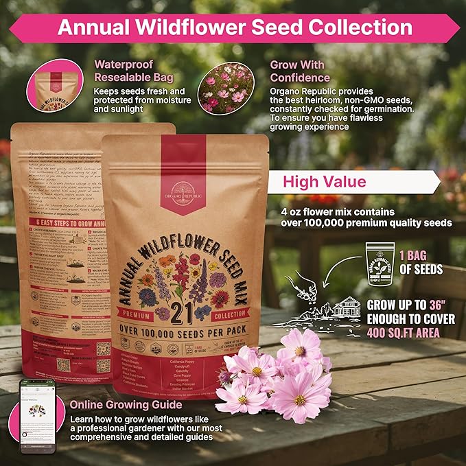 Organo Republic 21 Annual Wildflower Seeds Mix for Indoor & Outdoors. 100,000+ Non-GMO, Heirloom Wildflower Garden Seeds, 4oz Packet for Growing Wild Flowers to Attract Bees, Butterflies & Birds