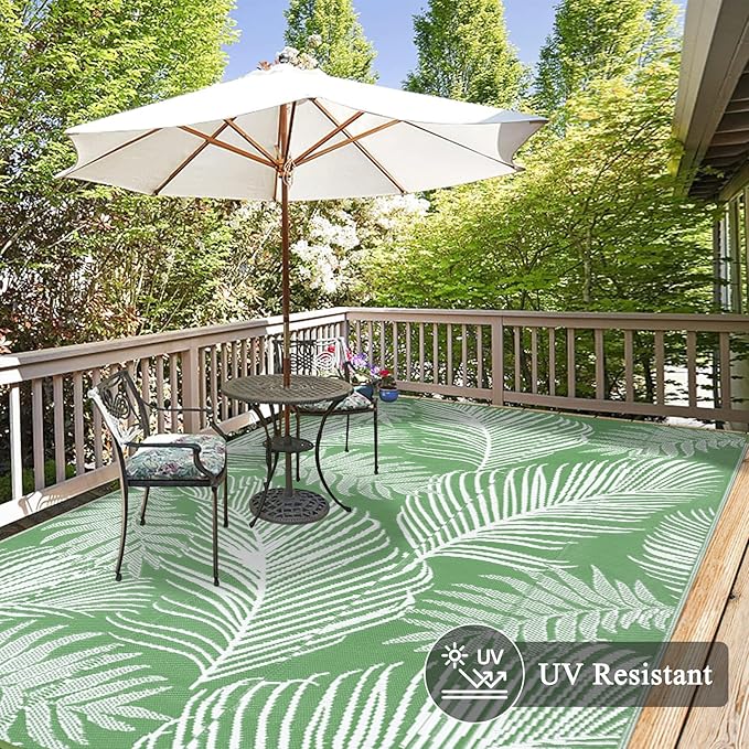 Pauwer Waterproof Outdoor Rug 9x12, Reversible Plastic Straw Patio Camping Rug, Indoor Outdoor RV Mat Carpet for Deck, Camper, Porch, Balcony, Backyard, Picnic, Leaf Green