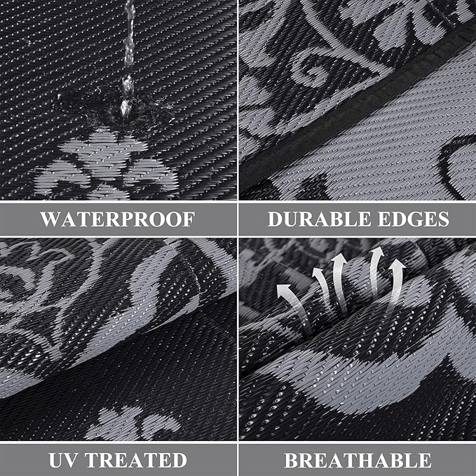 Pauwer Waterproof Outdoor Rug 6x9, Reversible Plastic Straw Patio Camping Rug, Indoor Outdoor RV Mat Carpet for Deck, Camper, Porch, Balcony, Backyard, Picnic, Boho Black Grey