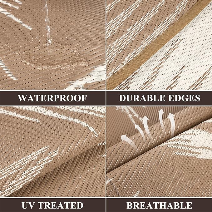 Pauwer Waterproof Outdoor Rug 5x8, Reversible Plastic Straw Patio Camping Rug, Indoor Outdoor RV Mat Carpet for Deck, Camper, Porch, Balcony, Backyard, Picnic, Leaf Brown