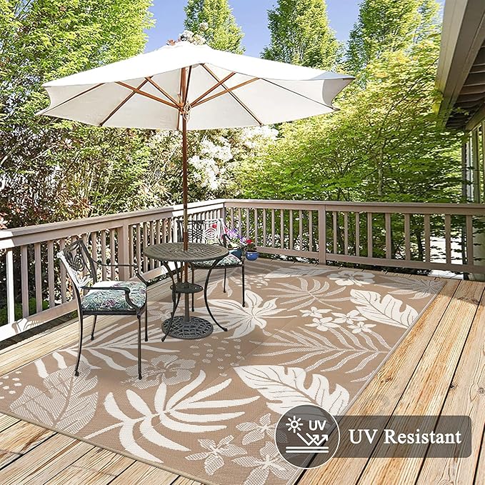 Pauwer Waterproof Outdoor Rug 6x9, Reversible Plastic Straw Patio Camping Rug, Indoor Outdoor RV Mat Carpet for Deck, Camper, Porch, Balcony, Backyard, Picnic, Floral Brown