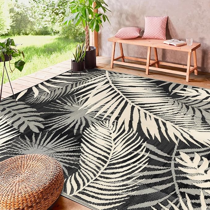 Outdoor Rug Waterproof for Patios Clearance, Reversible Outdoor Plastic Straw Rug Camping Carpet, Outside Floor Mats Large Area Rugs for RV,Patio,Deck,Porch,Beach, Balcony,8'x10',Black&Beige