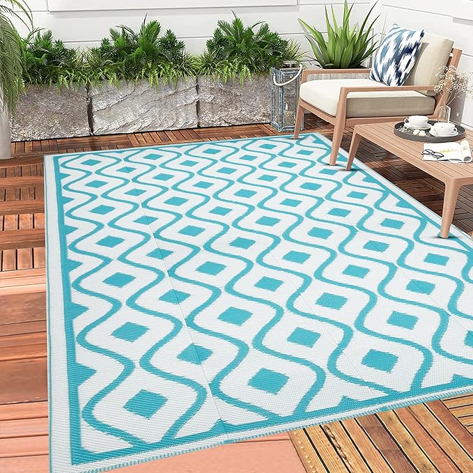 Pauwer Waterproof Outdoor Rug 6x9, Reversible Plastic Straw Patio Camping Rug, Indoor Outdoor RV Mat Carpet for Deck, Camper, Porch, Balcony, Backyard, Picnic, Geometric Teal