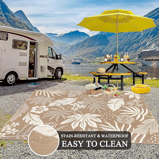 Pauwer Waterproof Outdoor Rug 9x12, Reversible Plastic Straw Patio Camping Rug, Indoor Outdoor RV Mat Carpet for Deck, Camper, Porch, Balcony, Backyard, Picnic, Floral Brown