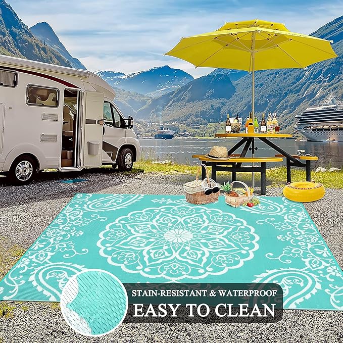 Pauwer Waterproof Outdoor Rug 6x9, Reversible Plastic Straw Patio Camping Rug, Indoor Outdoor RV Mat Carpet for Deck, Camper, Porch, Balcony, Backyard, Picnic, Boho Light Blue