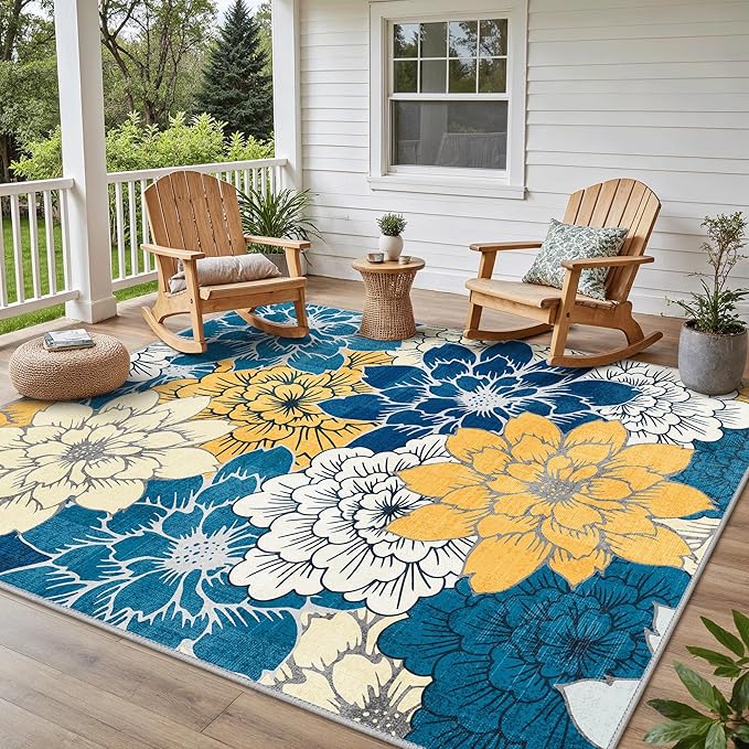 GENIMO Indoor Outdoor Area Rug 8' X 10' Waterproof, Washable Patio Rug Non Shedding, Easy Cleaning Floral Outdoor Carpet for Living Room, Bedroom, Dining Room, Balcony, Backyard, Deck, RV, Blue
