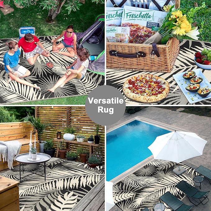 Outdoor Rug Waterproof for Patios Clearance, Reversible Outdoor Plastic Straw Rug Camping Carpet, Outside Floor Mats Large Area Rugs for RV,Patio,Deck,Porch,Beach, Balcony,8'x10',Black&Beige