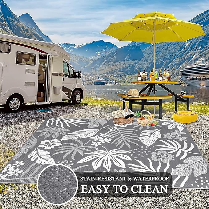 Pauwer Waterproof Outdoor Rug 9x12, Reversible Plastic Straw Patio Camping Rug, Indoor Outdoor RV Mat Carpet for Deck, Camper, Porch, Balcony, Backyard, Picnic, Floral Grey
