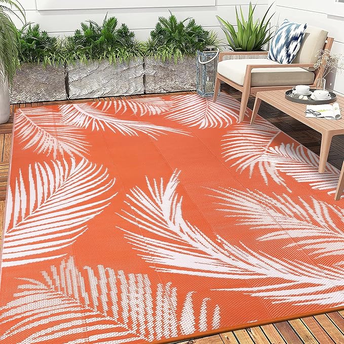 Pauwer Waterproof Outdoor Rug 6x9, Reversible Plastic Straw Patio Camping Rug, Indoor Outdoor RV Mat Carpet for Deck, Camper, Porch, Balcony, Backyard, Picnic, Leaf Orange