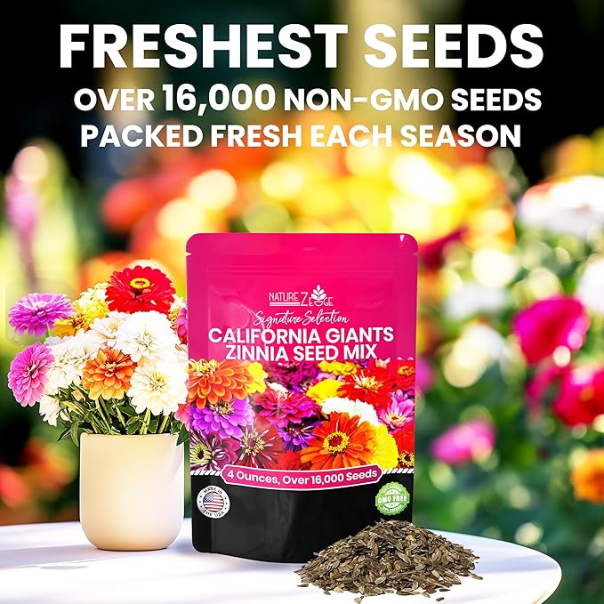 NatureZ Edge Zinnia Seeds for 2025 Planting Outdoors, Over 16,500 Flower Seeds, 1/4 lb, Non GMO Made in USA, Bulk Semillas De Flores para Sembrar, California Giants, Easy to Grow Zinnia Seed Mix