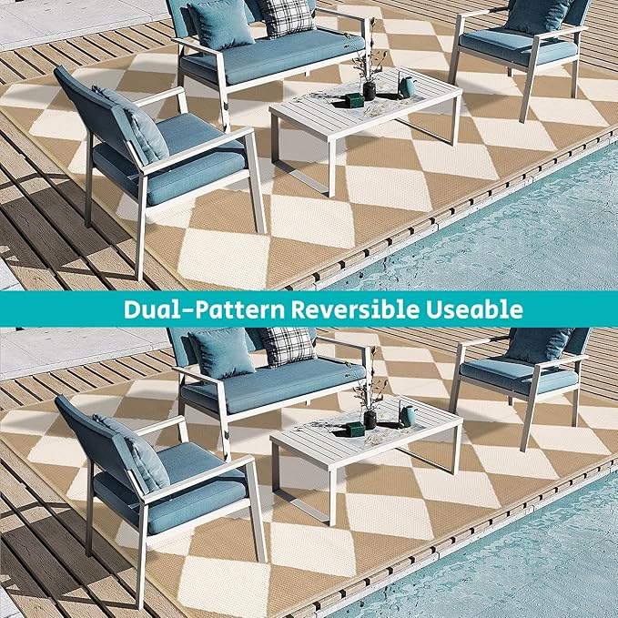 HEBE Outdoor Rug Waterproof 8x10, Plastic Straw Rug Camping Rug, Reversible Outdoor Patio Rugs RV Mat Clearance, Indoor Outside Floor Carpet for Porch,Deck,Camper,Balcony,Backyard