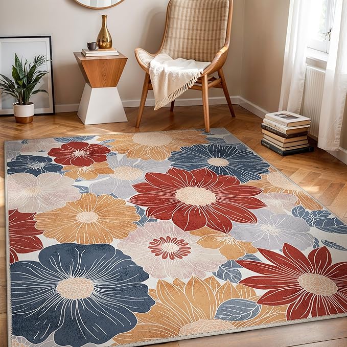 GENIMO Indoor Outdoor Area Rug 8' X 10' Waterproof, Washable Patio Rug Non Shedding, Easy Cleaning Floral Outdoor Carpet for Living Room, Bedroom, Dining Room, Balcony, Backyard, Deck, RV, Red Blue