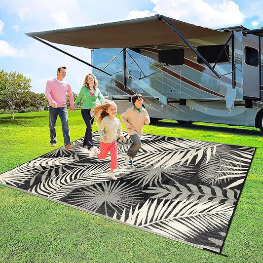 Outdoor Rug Waterproof for Patios Clearance, Reversible Outdoor Plastic Straw Rug Camping Carpet, Outside Floor Mats Large Area Rugs for RV,Patio,Deck,Porch,Beach, Balcony,8'x10',Black&Beige