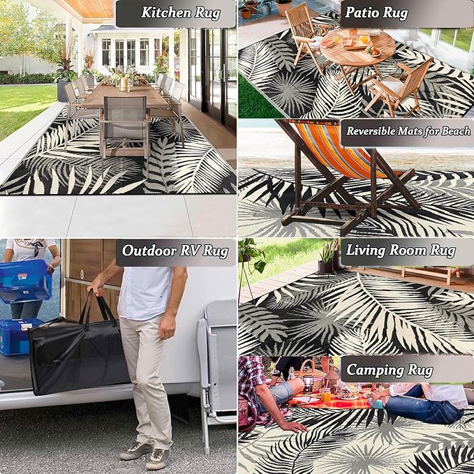 Outdoor Rug Waterproof for Patios Clearance, Reversible Outdoor Plastic Straw Rug Camping Carpet, Outside Floor Mats Large Area Rugs for RV,Patio,Deck,Porch,Beach, Balcony,8'x10',Black&Beige