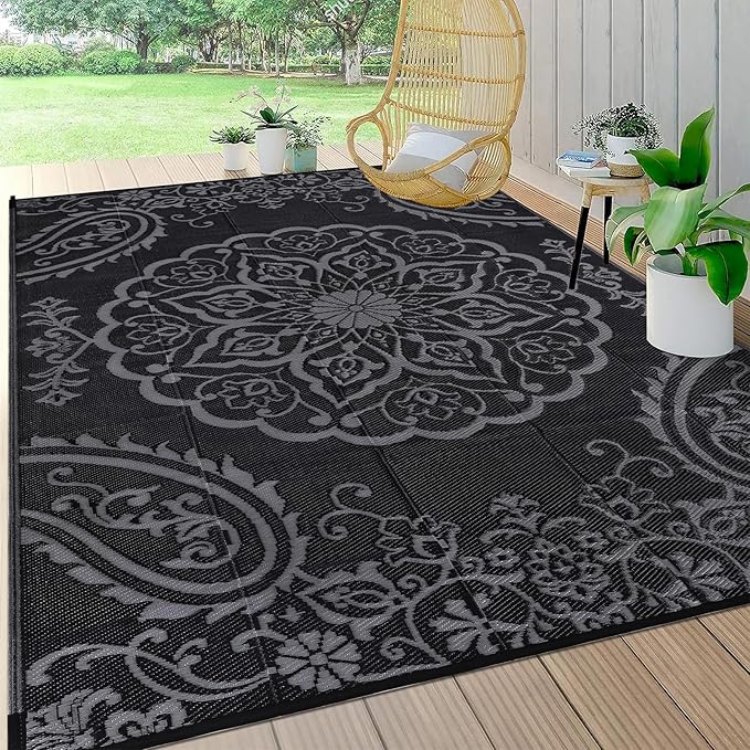Pauwer Waterproof Outdoor Rug 6x9, Reversible Plastic Straw Patio Camping Rug, Indoor Outdoor RV Mat Carpet for Deck, Camper, Porch, Balcony, Backyard, Picnic, Boho Black Grey