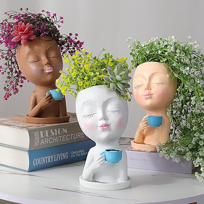 Face Planter Pot with a Base- Face Flower Pot for Indoor Outdoor Plants Resin Succulent Planter with Drainage Hole Cute Lady Face Plant Pots, White