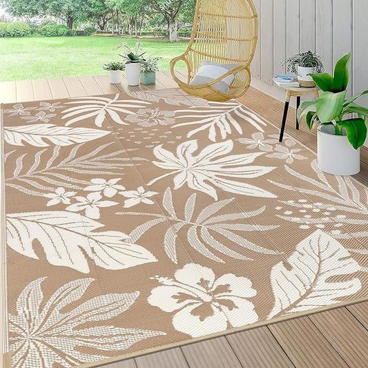 Pauwer Waterproof Outdoor Rug 6x9, Reversible Plastic Straw Patio Camping Rug, Indoor Outdoor RV Mat Carpet for Deck, Camper, Porch, Balcony, Backyard, Picnic, Floral Brown