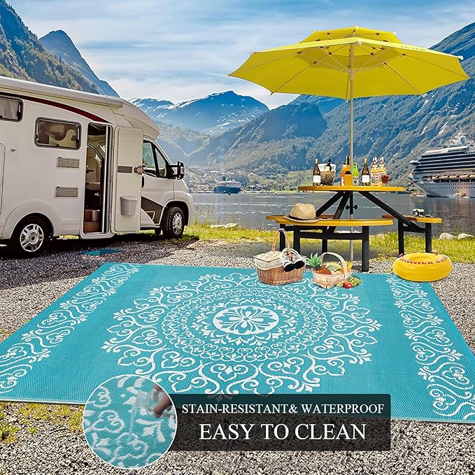 Pauwer Waterproof Outdoor Rug 5x8, Reversible Plastic Straw Patio Camping Rug, Indoor Outdoor RV Mat Carpet for Deck, Camper, Porch, Balcony, Backyard, Picnic, Floral Teal