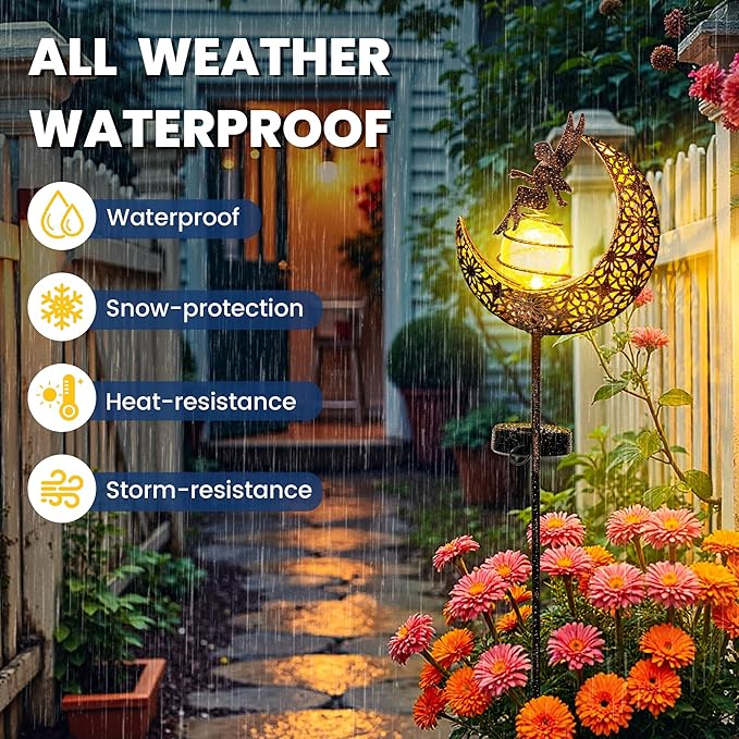 Fairy Moon Solar Lights Outdoor Garden Stakes, Waterproof Metal Decor Gifts for Women Mom, Art Moon Sculpture for Yard, Patio, Garden, Porch, 2 Pack