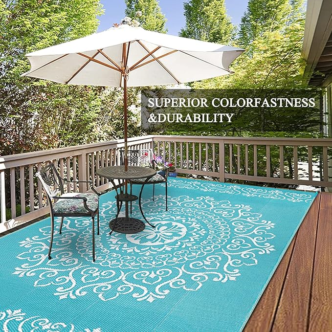 Pauwer Waterproof Outdoor Rug 5x8, Reversible Plastic Straw Patio Camping Rug, Indoor Outdoor RV Mat Carpet for Deck, Camper, Porch, Balcony, Backyard, Picnic, Floral Teal