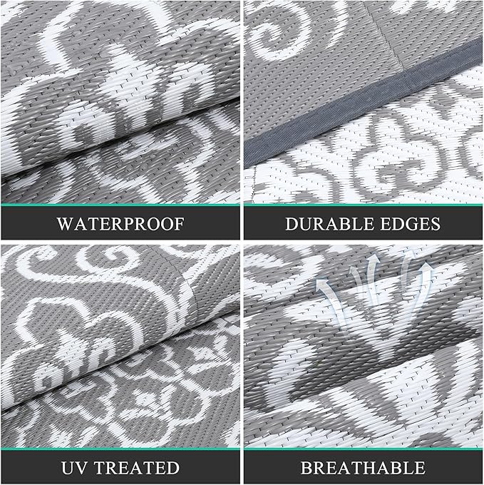 Pauwer Waterproof Outdoor Rug 8x10, Reversible Plastic Straw Patio Camping Rug, Indoor Outdoor RV Mat Carpet for Deck, Camper, Porch, Balcony, Backyard, Picnic, Floral Grey