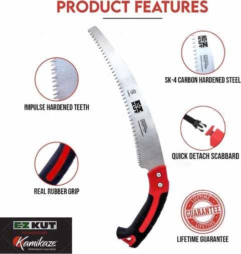 EZ Kut Kamikaze Max Saw Curved Blade with Scabbard - 19.3 Inch Heavy Duty Pruning Saw - Carbon Hardened Steel Japanese Technology- Best Pruning Saw for Tree Trimming & Branches - Made in Spain
