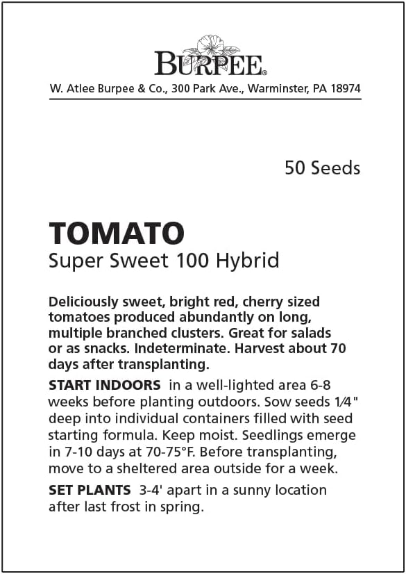 Burpee 'Super Sweet 100' Hybrid, Cherry Tomato, 50 Non-GMO Seeds